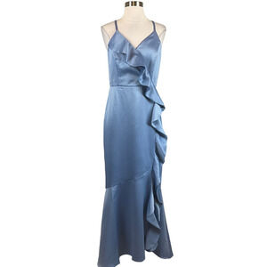 DKNY Women's Formal Dress Size 16 Blue Satin Ruffled Sleeveless High Low Gown